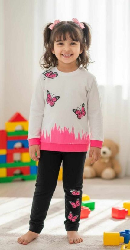 White Butterfly Printed Sweatshirt and Pants