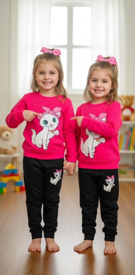 Pink Cat Printed Sweatshirt and Pants